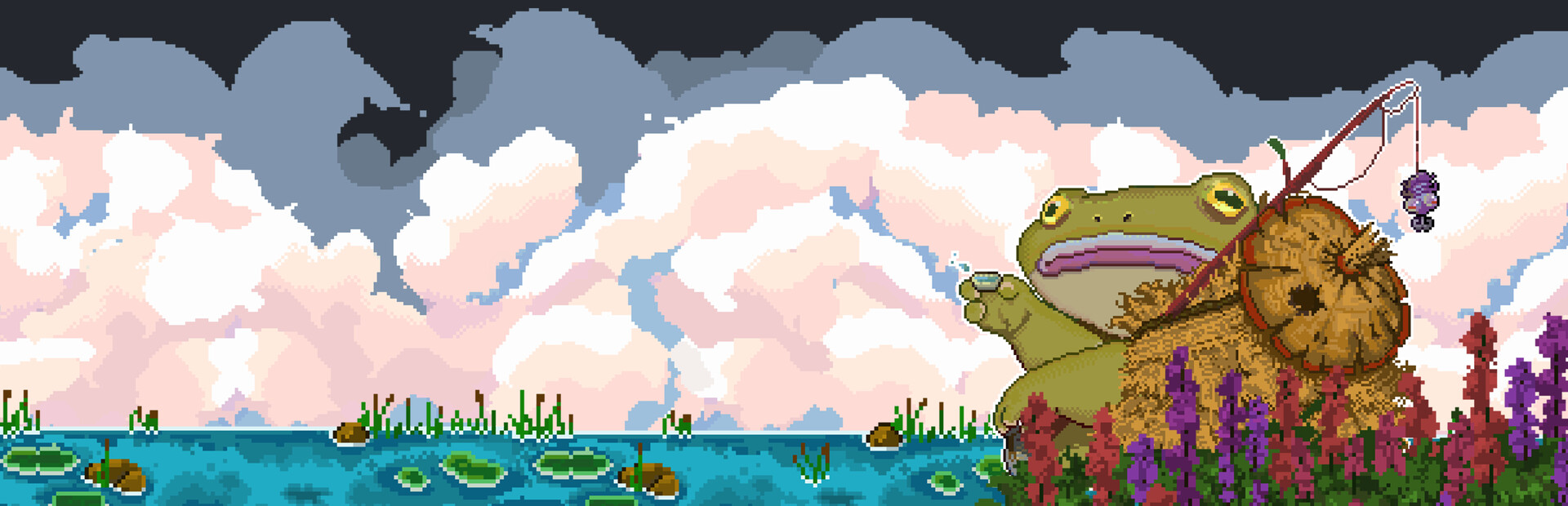 KasaSaburo the frog angler fishing by a pond under pink clouds